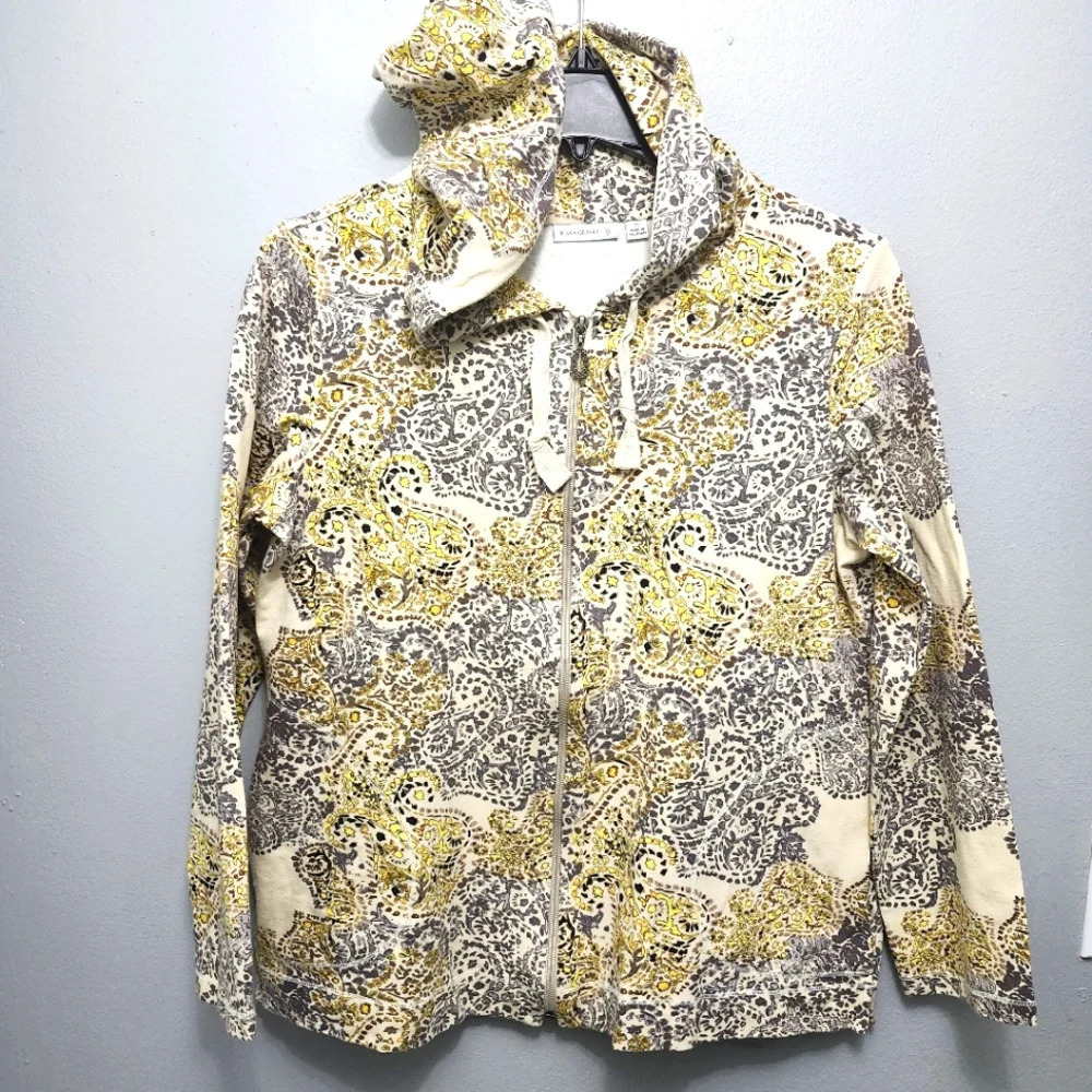 Susan graver women's full zipper hoodie sweatshirt size M yellow and cre…